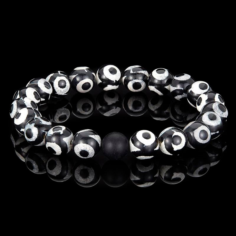 Crucible Los Angeles Black and White Eye Agate and Black Matte Onyx 10mm Natural Stone Bead Stretch Bracelet