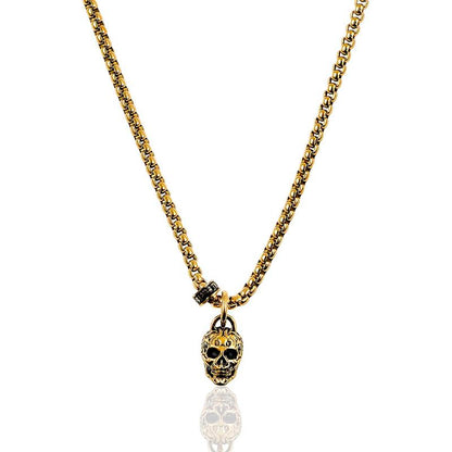 Crucible Los Angeles Gold Stainless Steel 12mm Skull Necklace on 24 Inch 3mm Box Chain