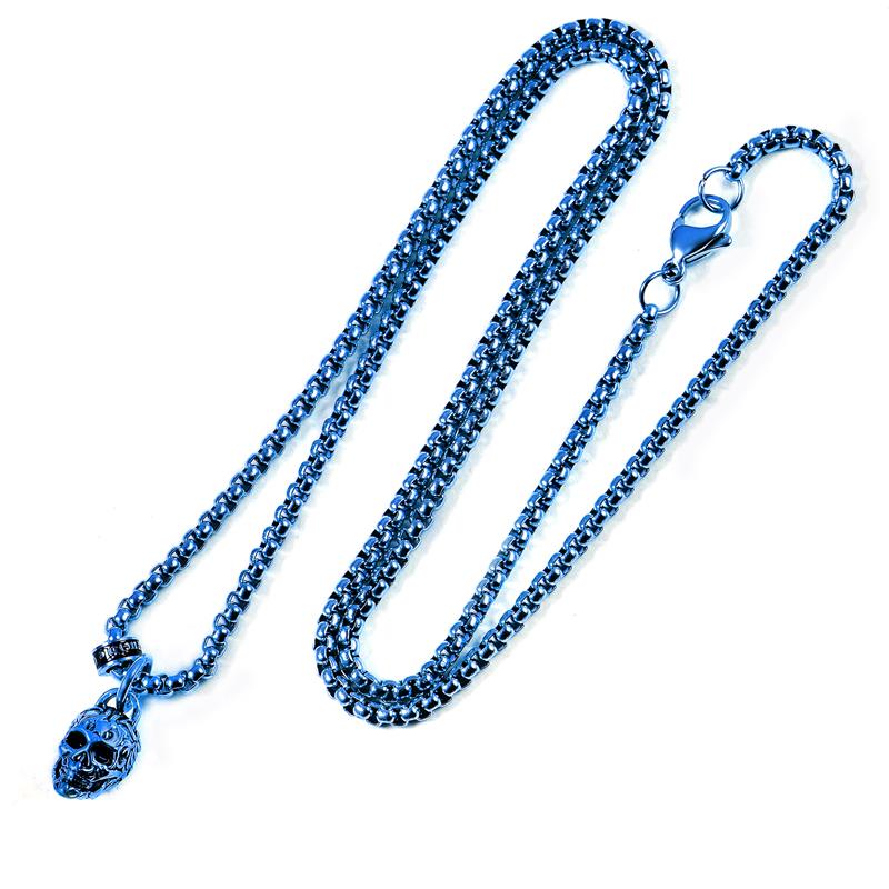 Crucible Los Angeles Blue Stainless Steel 12mm Skull Necklace on 24 Inch 3mm Box Chain