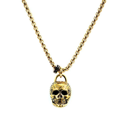 Crucible Los Angeles Gold Stainless Steel 25mm Skull Necklace on 24 Inch 4mm Box Chain