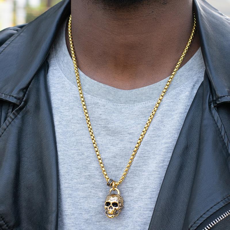 Crucible Los Angeles Gold Stainless Steel 25mm Skull Necklace on 24 Inch 4mm Box Chain