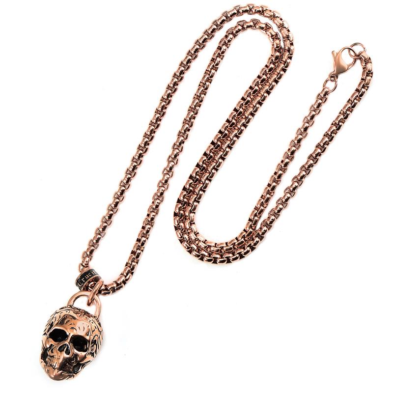 Crucible Los Angeles Rose Gold Stainless Steel Large Skull Necklace on 24 Inch 4mm Box Chain