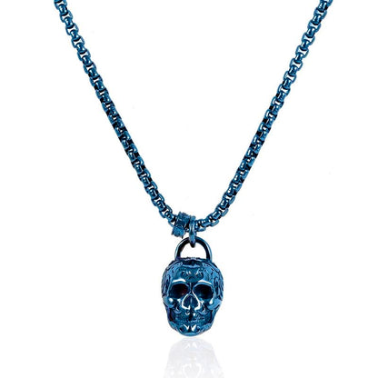 Crucible Los Angeles Blue Stainless Steel 25mm Skull Necklace on 24 Inch 4mm Box Chain