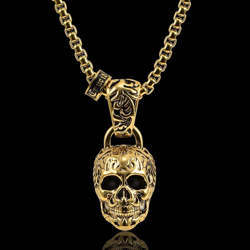 Stainless Steel 35mm Skull Necklace on 28 Inch 5mm Box Chain