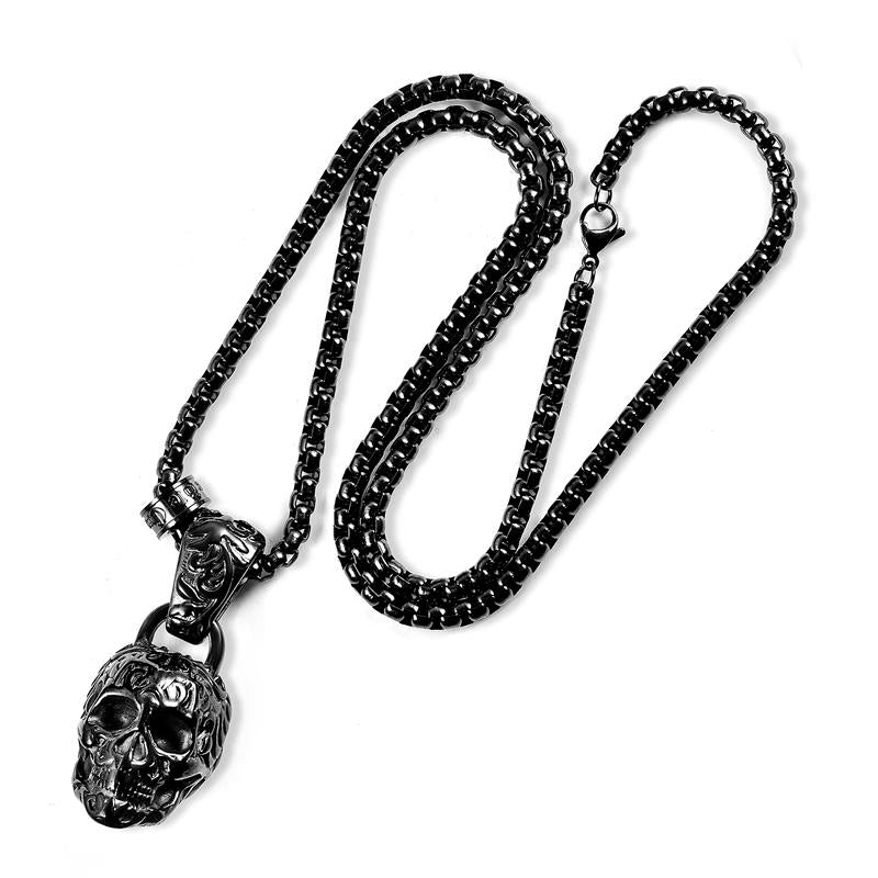 Crucible Los Angeles Black Stainless Steel 35mm Skull Necklace on 28 Inch 5mm Box Chain