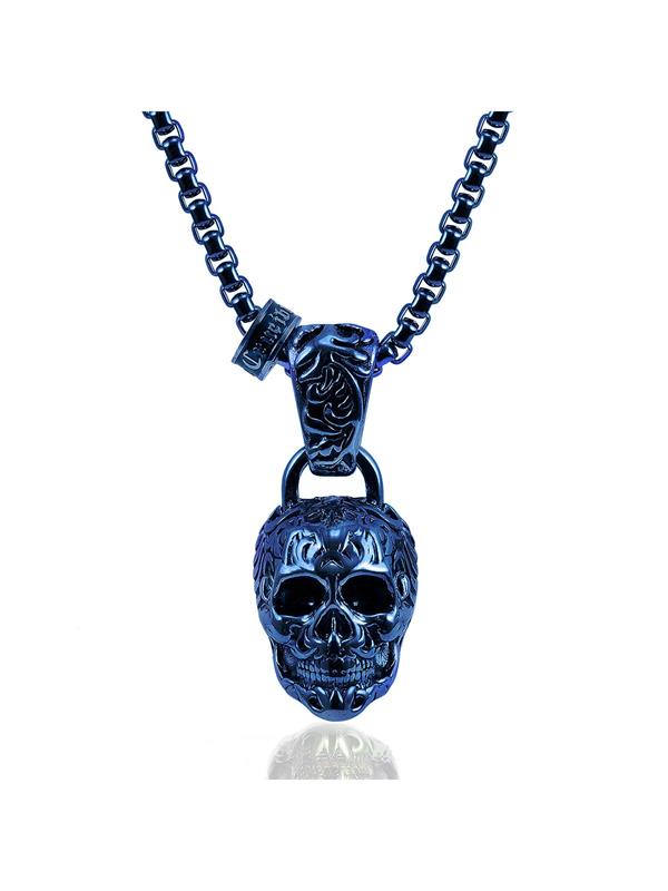 Crucible Los Angeles Blue Stainless Steel 35mm Skull Necklace on 28 Inch 5mm Box Chain
