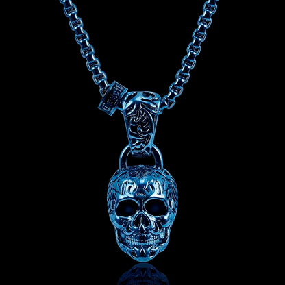Crucible Los Angeles Blue Stainless Steel 35mm Skull Necklace on 28 Inch 5mm Box Chain