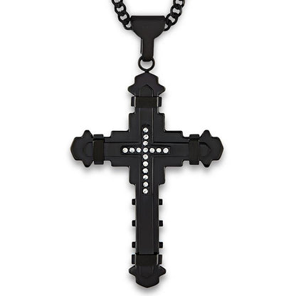 Crucible Los Angeles Black Plated Stainless Steel Cubic Zirconia Cross Necklace