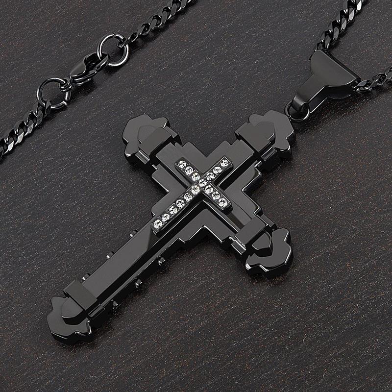 Crucible Los Angeles Black Plated Stainless Steel Cubic Zirconia Cross Necklace