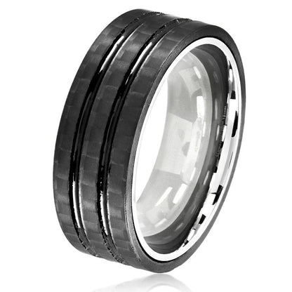 Crucible Los Angeles Men's Stainless Steel Carbon Fiber Dual Grooved Comfort Fit Ring