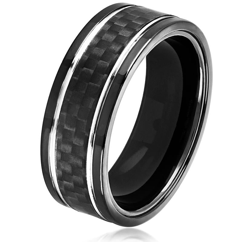 Crucible Los Angeles Men's Black Plated Stainless Steel Carbon Fiber Silver Grooved Comfort Fit Ring