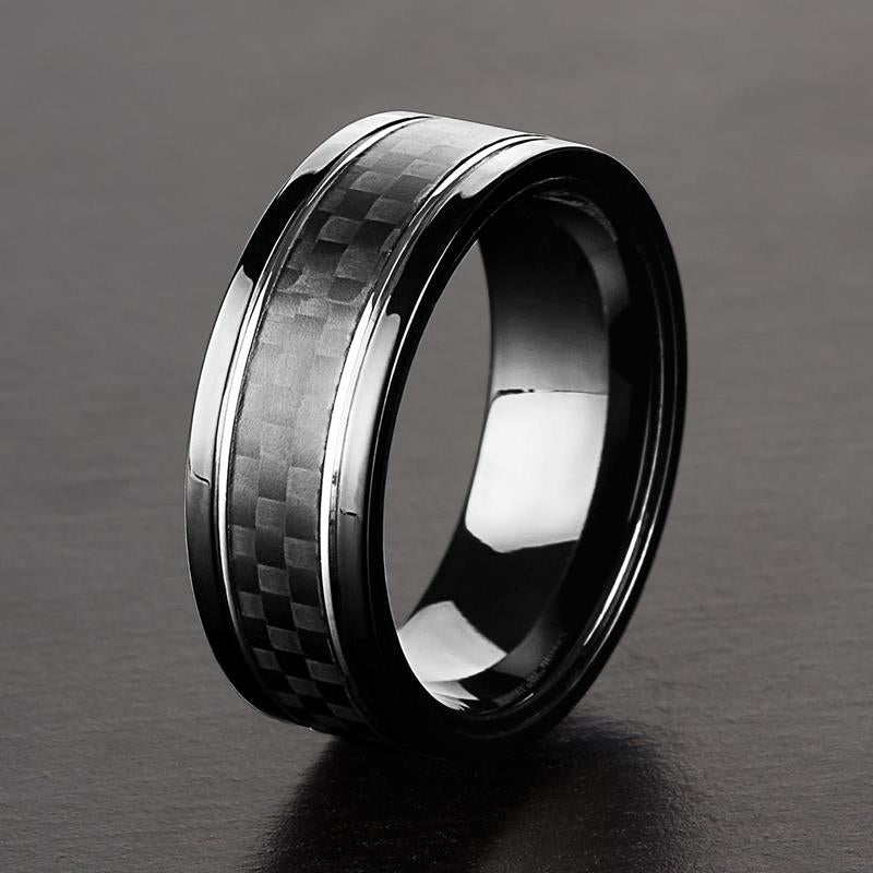 Crucible Los Angeles Men's Black Plated Stainless Steel Carbon Fiber Silver Grooved Comfort Fit Ring