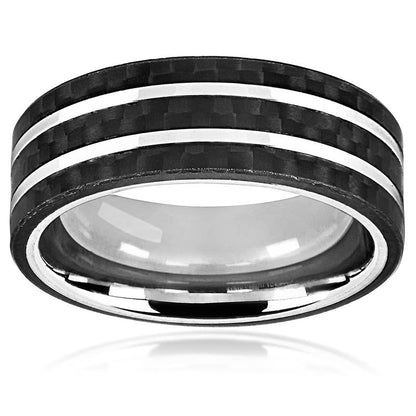Crucible Los Angeles Men's Stainless Steel Carbon Fiber Silver Striped Comfort Fit Ring