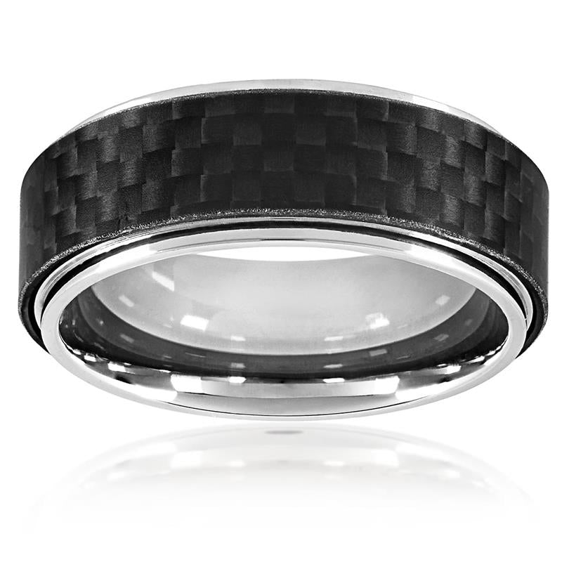 Crucible Los Angeles Men's High Polish Stainless Steel Carbon Fiber Overlay Comfort Fit Ring