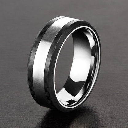 Crucible Los Angeles Men's Brushed Stainless Steel Carbon Fiber Beveled Comfort Fit Ring