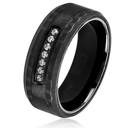 Crucible Los Angeles Men's Black Plated Stainless Steel Carbon Fiber Semi Eternity Cubic Zirconia Ring